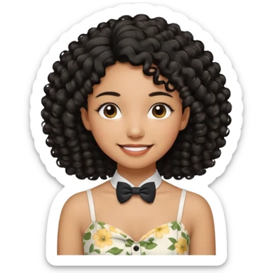 A young woman. She has voluminous, curly black hair that frames her face beautifully. Her skin tone is light Brown and glowing, and she has a subtle, natural makeup look. She’s smiling softly at the camera. She is wearing a white floral top with thin straps and a small bow tie detail in the front. sticker
