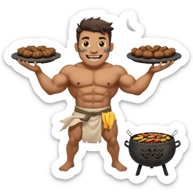 ork male master chef flipping huge kebabs on stone barbecue, muscular, loincloth or shorts, big tusked grin, smoke, centered emoji sticker