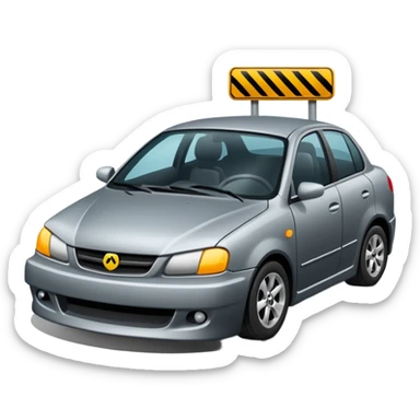 car crashed to a trafic barrier barrier in front of car and car front panel broken sticker