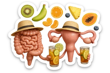 EMOJI STILE IPHONE DI INTESTINO E UTERO UMANI REALISTICI CON CAPPELLO DI PAGLIA DA SPIAGGIA CHE BEVE UN Tè FREDDO IN BICCHIERE DI VETRO CON DENTRO  fette di cetriolo, limone, lime, DIETRO L'INTESTINO FLUTTUANO PEZZETTI DI Kiwi
Banana acerba
Arance e mandarini
Mirtilli
Ananas
Papaya
IPERREALISTICO 4K sticker