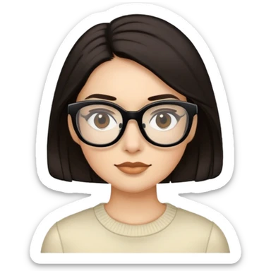 Very dark brown hair, black glasses, pretty, warm ivory skin tone, she wears a hair clip sticker