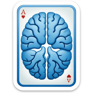 A highly minimalist, clean icon. The icon is a single playing card or tarot card, shown from the back side (face down). The card is oriented vertically (portrait). integrate a stylized, symmetrical human brain. Blue color sticker