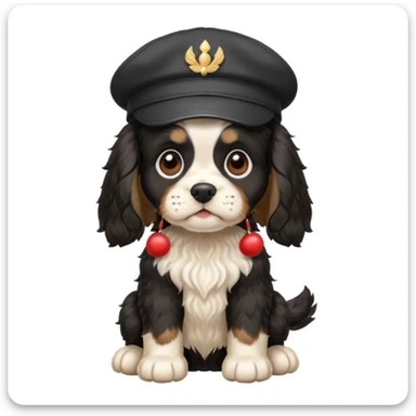 A black and white Russian Cocker Spaniel puppy wearing a cap, sitting sticker