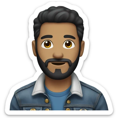 person with a black beard. Without mustache. No beard between nose and mouth. White skin tone. Nice black hair. Denim jacket sticker