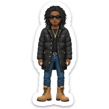 African American man brown skin complexion with black dreadlocks shoulder length wearing black bubble winter coat wearing black sunglasses with denim skinny jeans and timberland boots standing up sticker