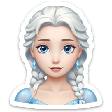 Cinematic Serene Snow Queen Portrait Emoji, rendered in a simplified vector style. Depict a gentle Elsa (chest and above) with delicate icy skin, softly cascading platinum hair, and calm, reflective blue eyes, dressed in her classic ice-blue gown. The image exudes a soft, luminous frosty radiance with high shine and a subtle glowing outline. sticker