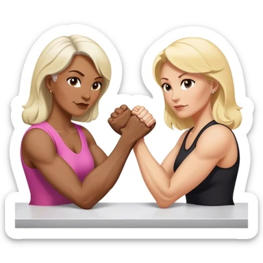 Two ladies in their fifties one blond and one brunette and they are arm wrestling  sticker
