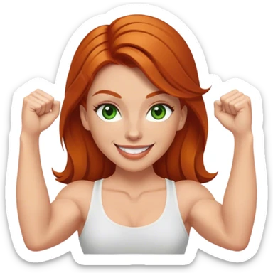 make a white girl that has ginger hair, green eyes, dark brown eyebrows,  long lashes, small lips, smiling and is skinny and a little buff, flexing her muscles  sticker