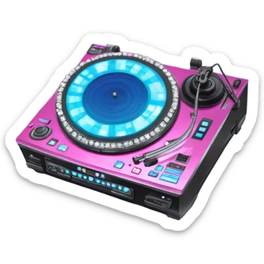 Realistic DJ turntable setup with pink,blue,and purple sparkling diamonds and rhinestones on it. sticker