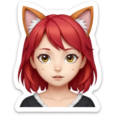 cute anime girl with cat ears, red blowing hair sticker