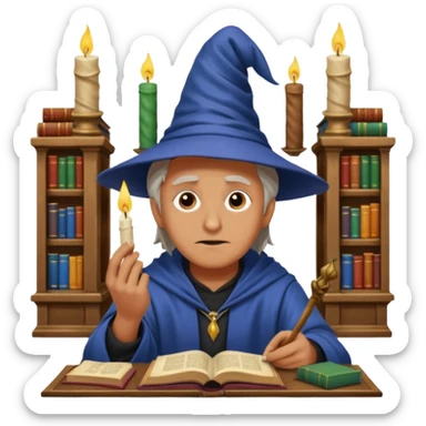 "Thinking face emoji 🤔 as a thoughtful wizard in Hogwarts library, scratching head with quill, surrounded by floating books and candles, detailed digital art in Harry Potter style, puzzled expression, magical atmosphere."
 sticker