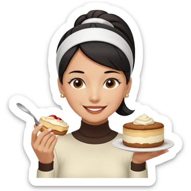  tan skin woman with long face, and short black hair slicked back ponytail with forehead showing, white headband, wearing white turtleneck shirt, eating tiramisu smiling with middle parted hair sticker