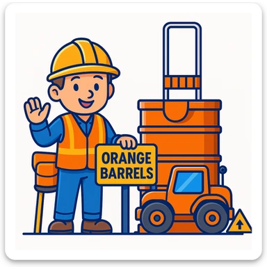 Add a friendly cartoon construction worker standing next to the orange road construction barrel and the 'Orange Barrels' sign. The worker should wear a yellow hard hat and a safety vest, matching the playful, bright cartoon scene. sticker