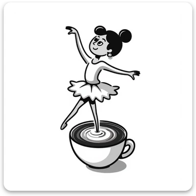 Elegant ballerina dancer formed from cappuccino foam art, pirouetting on top of coffee sticker