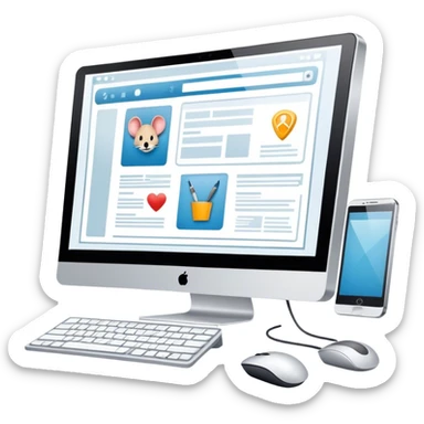 Modern icon for Web Design: computer screen with a website layout, design tools like a mouse and a stilus, web elements such as icons and wireframes. Transparent background. sticker