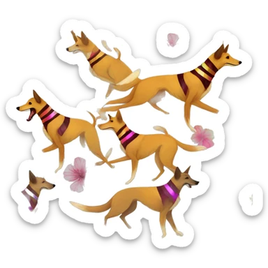  brindle brown black maroon striped lurcher Alsatian fox running blue eyes and iridescent holographic oilslick harness wearing paper iridescent tropical flower crown yellow caution tape sticker