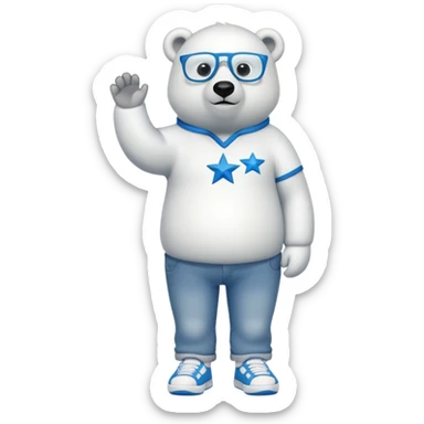 friendly anthropomorphised polar bear standing upright, looking chilled and unbothered, wearing a shirt, jeans, trainers, star-shaped glasses sticker