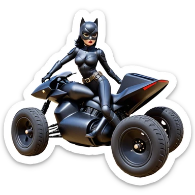Rc toy sexy fenders on Catwoman’s buxom attractive armored midnight-colored tight outfit from tv series style dark knight movie stealthy accurate sporty safe deluxe off-road fast pursuit prototype concept car (black hair, sitting back but driving aggressively) secret rally vehicle  sticker