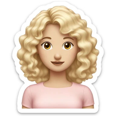 Blonde, pale girl with bangs and curly hair and a pastel pink dress sticker