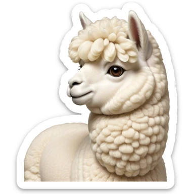 Cinematic Noble Cream Alpaca Portrait Emoji, Poised and regal, with a graceful, sturdy build and a luxuriously soft, well-groomed cream fleece, deep-set soulful gentle eyes, Simplified yet sharp and sophisticated features, highly detailed, glowing with a soft, dignified glow, high shine, intelligent and serene, stylized with an air of pastoral elegance, focused and attentive, soft glowing outline, capturing the essence of a watchful and confident companion, so majestic it feels as though it could stride out of the screen with effortless authority! sticker