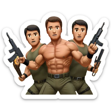 Icon for Action Movie Poster: Close-up collage of Arnold Schwarzenegger in 'Commando' and Sylvester Stallone in 'Rambo,' each in dynamic action poses, surrounded by intense explosions, dramatic lighting, and iconic weapons. Designed like a vintage movie poster. Transparent background. sticker