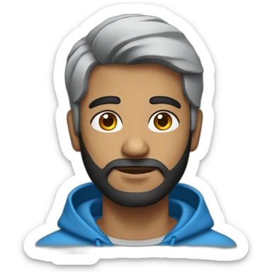 Indian man with black hair light beard wearing a hoodie and blue shirt sticker