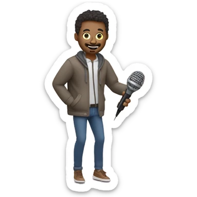 question mark man wearing a jacket running to the screen with a podcasting mic on one hand and pencil on another, roundel style background and add some depth sticker