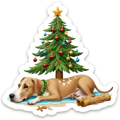 Fawn Great Dane laying on a tropical beach with a Christmas tree and dog bones under the tree sticker