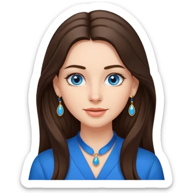 
Create an emoji of a brunette with blue eyes. She should have long hair, stylish clothing, and a friendly facial expression. Add some accessories like earrings or glasses to make the look more interesting. sticker