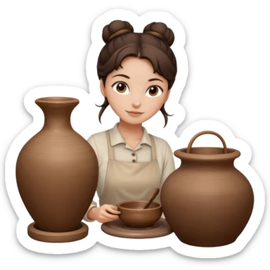 Brunette girl with a bun, behind the potter's wheel, wearing neutral clothing sticker