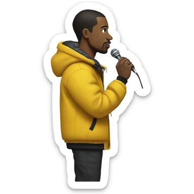 Side profile of a hip hop artist, holding a mic in one hand. He's wearing a puffy jacket with a mustard yellow collar. sticker