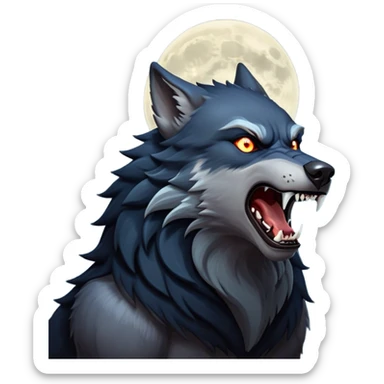 cinematic-noble-fierce-werewolf-howling-portrait-emoji, poised-and-imposing, with a fierce wolfish face tilted upwards in a haunting howl, glowing eyes full of primal ferocity, sharp, and a rugged snout, fur rippling in shades of midnight black and silver, muscles tensed as the powerful howl echoes beneath the moonlit sky; rendered with realism, capturing the raw, untamed power of the beast in its wild, primal state sticker