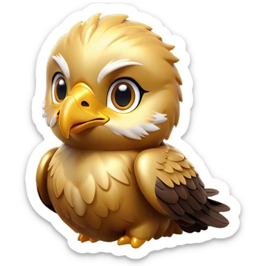 Cinematic Cute Golden Eagle Portrait Emoji, Head tilted playfully and inquisitively, featuring a compact, streamlined form with subtly ruffled, golden plumage and round, sparkling eyes full of spirited charm, Simplified yet irresistibly adorable features, highly detailed, glowing with a warm, inviting glow, high shine, affectionate and lively, stylized with a touch of whimsical aerial grace, soft glowing outline, capturing the essence of a mischievous yet endearing golden eagle that seems as if it could glide out of the screen into your heart! sticker