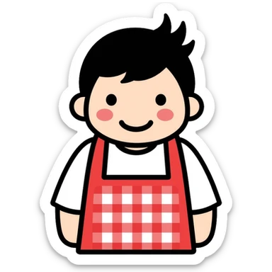 chubby boy with black hair styled upward in front, wearing a red and white checkered plaid apron sticker