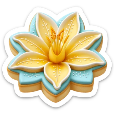 Realistic shortbread cookie in the shape of a lily flower with pastel yellow color jelly middle filling and sprinkled powder sugar on top. sticker