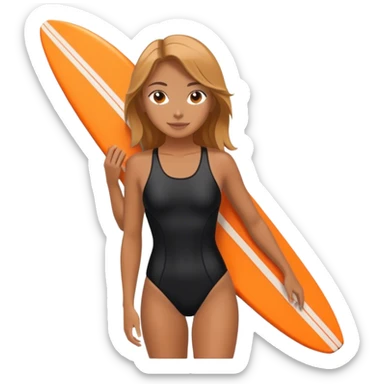 Surfer girl in black swimsuit with orange surfboard sticker