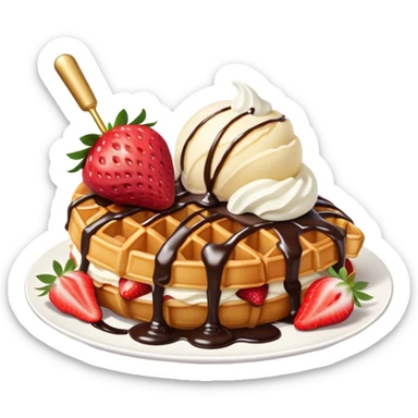Croffle (croissant waffle) with ice cream and strawberry sticker