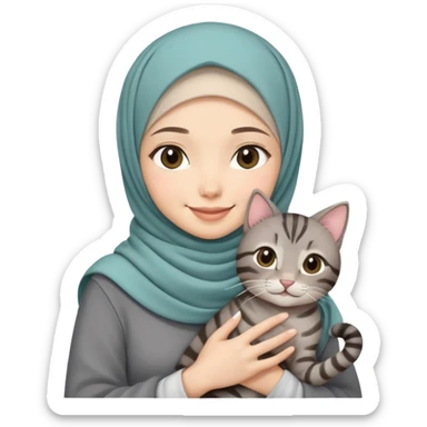 Asian White girl wearing cute hijab holding a black grey tabby cat while smiling.  sticker