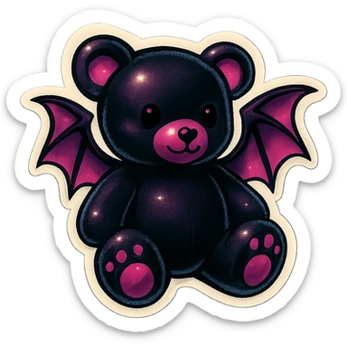 gothic teddy bear with black and pink color scheme, bear with bat wings, retro stickers style sticker
