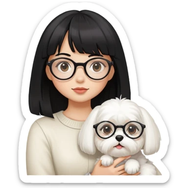 Una ragazza con i capelli neri cori con frangetta e occhiali rotondi e in braccio un maltese bianco  sticker