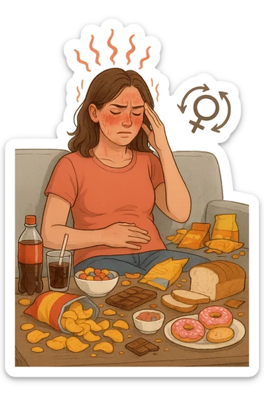 Donna tra i 25 e i 35 anni seduta sul divano o a un tavolo disordinato, circondata da cibi sparsi e poco sani: patatine, dolci, pane bianco, snack confezionati, bibite. con infiammazione e squilibri ormonali sticker