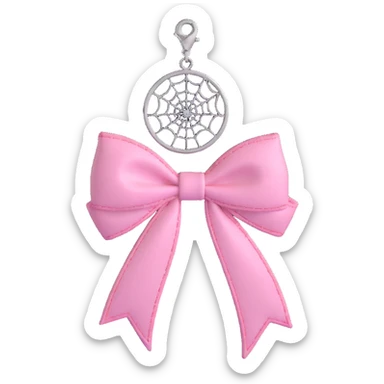 3D emoji style pink bow with gothic effect, pastel pink with black spiderweb embroidery, silver moon charm sticker