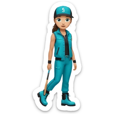 A landscaper in a beautiful turquoise jacket and turquoise boots, black pants, and a black sleeveless shirt. On his head is a black Swissotel baseball cap. The girl is a brunette with blue eyes. sticker