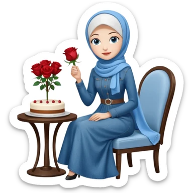 Turkish beautiful finish Konya girl blue eyes with denim hijab long tail dress and sits on the modernized coffee house on a white chair and holds rose cake with her hand  sticker