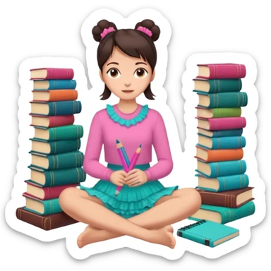 A brunette woman with straight, dark brown hair styled in two buns wears a pink long-sleeved shirt and a turquoise lace ruffled skirt. She is barefoot and holds a crayon in one hand. She sits cross-legged on the floor, which is covered with stacks of colorful notebooks. Art Deco style illustration. sticker