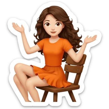 Long dark wavy hair women in orange top  twirling around a chair  sticker