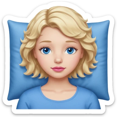 Girl Blonde short wavy hair,  blue eyes, cute blue top, long lashes, pink lips, sleeping sticker