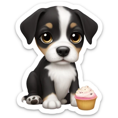 Cute big eyed Black and white girl teddy Roosevelt terrier puppy runt (no brown) eating a cupcake sticker
