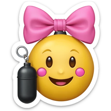 A happy face emoji holding a bomb and the bomb has a cute pink bow on the bomb sticker