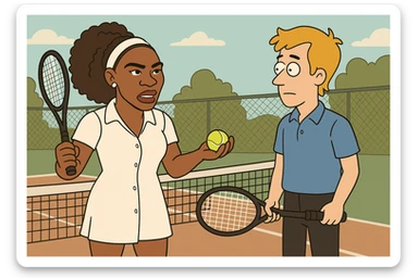 Serena Williams white shirt dress tennis racket one ball tennis a man dark yellow hair blue shirt black trousers tennis racket tennis court background  sticker